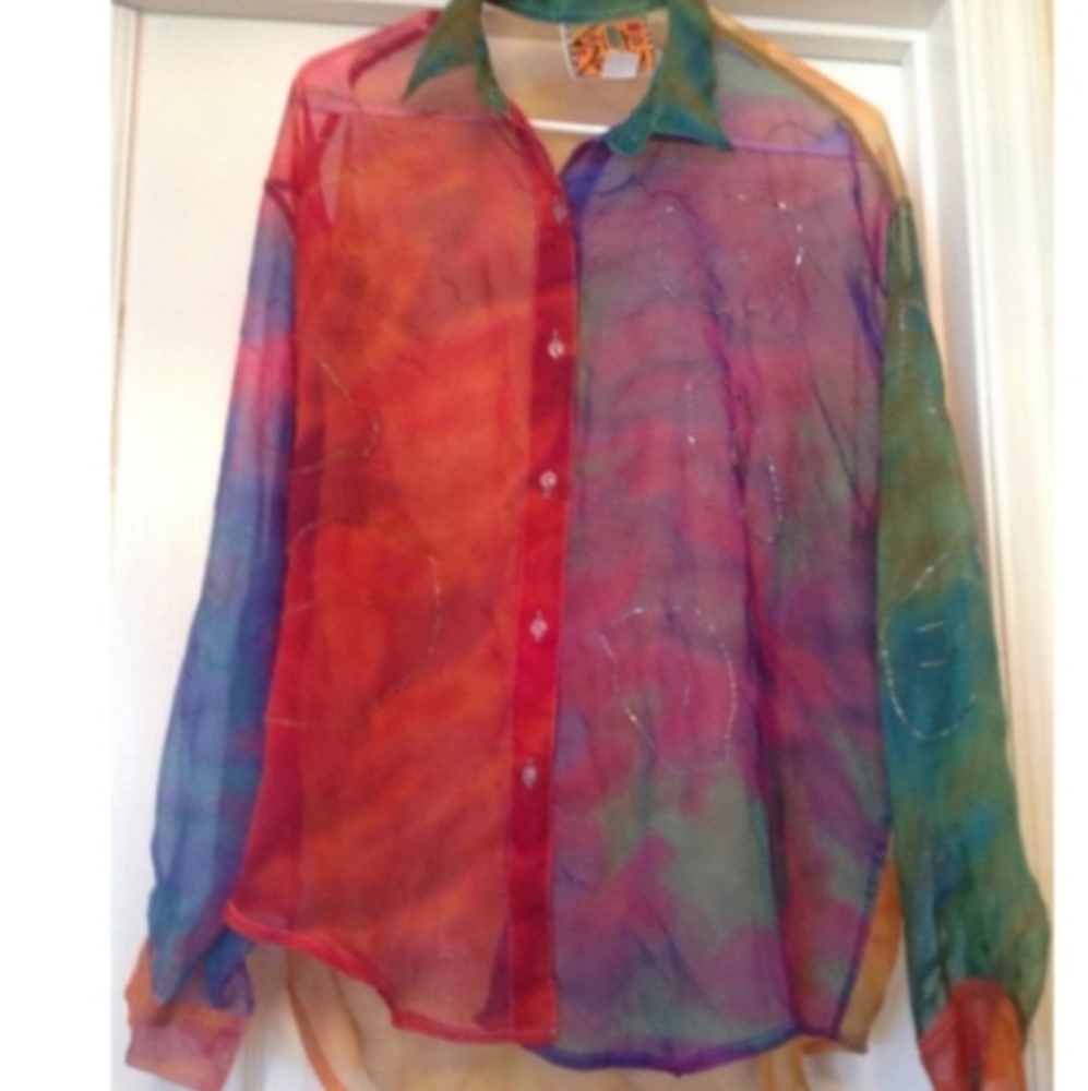 BUTTON DOWN SHEER BEADED BLOUSE SHIRT TOP SIZE SMALL